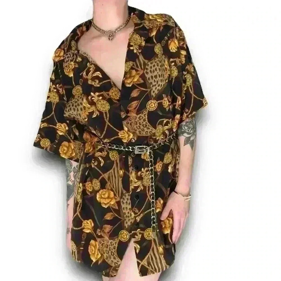 Vintage Black Gold Button Up Leopard Print Chains‎ Floral Top Blouse TR Bentley - Picture 1 of 7